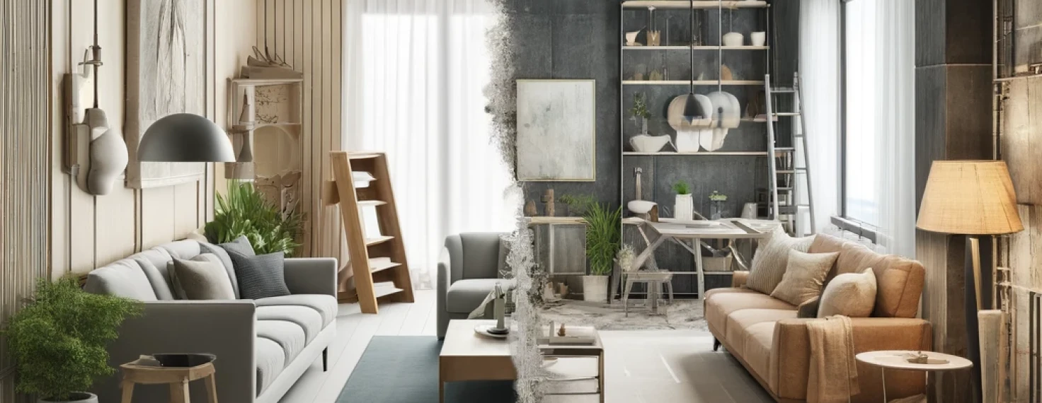 La escena muestra la transformación desde un espacio en construcción hasta un área completamente renovada, ilustrando efectivamente los temas de planificación, ejecución y transformación descritos en el artículo sobre cómo afrontar la remodelación de tu casa o departamento. Puedes ver cómo el espacio evoluciona y se adapta a un diseño contemporáneo.