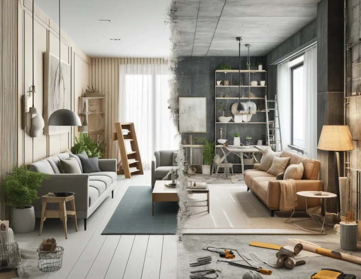 La escena muestra la transformación desde un espacio en construcción hasta un área completamente renovada, ilustrando efectivamente los temas de planificación, ejecución y transformación descritos en el artículo sobre cómo afrontar la remodelación de tu casa o departamento. Puedes ver cómo el espacio evoluciona y se adapta a un diseño contemporáneo.