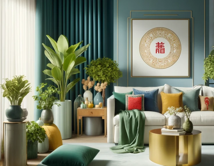 imagen de un salón sereno y elegante diseñado con los colores de la suerte del Feng Shui para 2024. El espacio incorpora tonos de azul calmo, acentos verdes esmeralda vibrantes, detalles en rojo pasión y elementos en amarillo dorado, todo armonizado con un estilo moderno y minimalista. Puedes ver cómo estos colores y disposiciones pueden atraer suerte y prosperidad según los principios del Feng Shui.