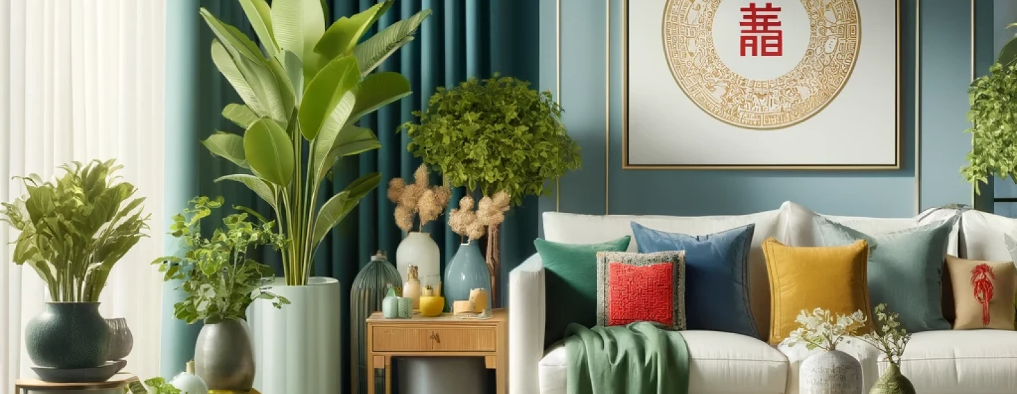 imagen de un salón sereno y elegante diseñado con los colores de la suerte del Feng Shui para 2024. El espacio incorpora tonos de azul calmo, acentos verdes esmeralda vibrantes, detalles en rojo pasión y elementos en amarillo dorado, todo armonizado con un estilo moderno y minimalista. Puedes ver cómo estos colores y disposiciones pueden atraer suerte y prosperidad según los principios del Feng Shui.